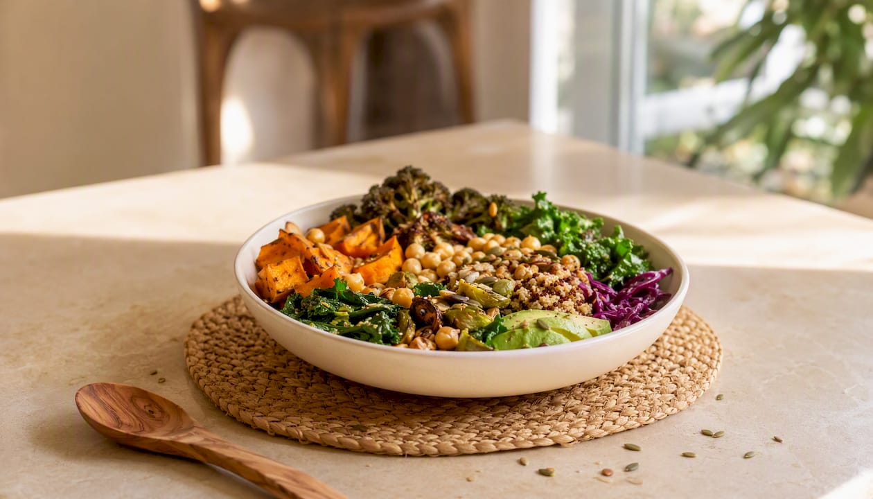 Colorful bowl of varied whole plant foods