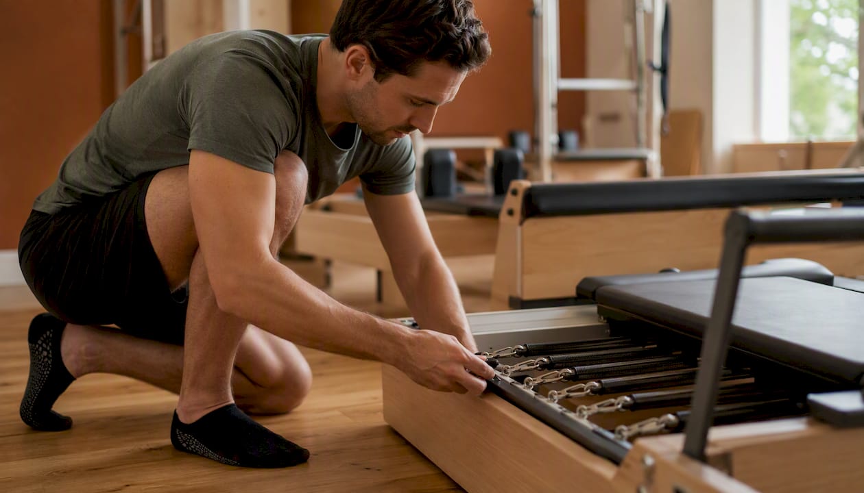 Man adjusting Pilates reformer springs