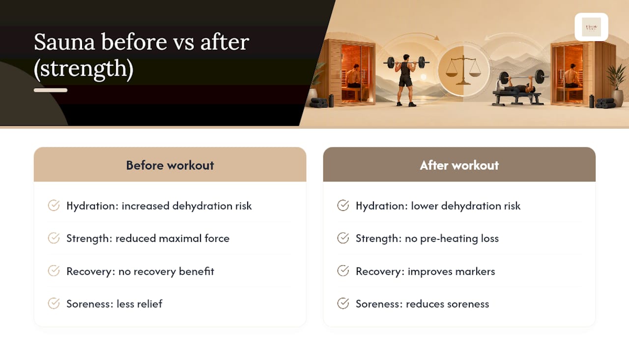 Comparison diagram of sauna timing effects pre vs post workout