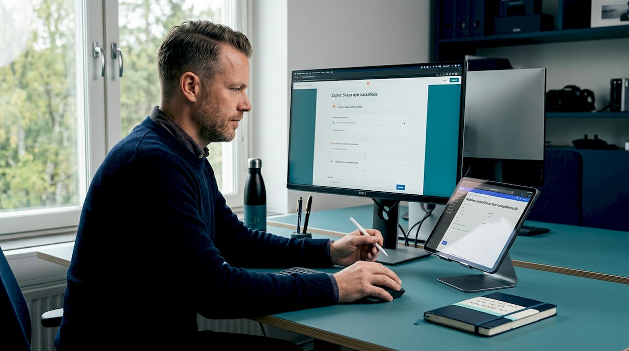 En person arbetar med automatiserad leadhantering från sitt hemmakontor