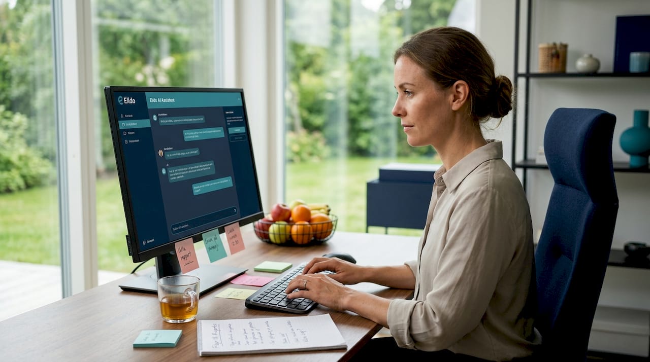 En person sitter på kontoret och chattar med en AI-bot.