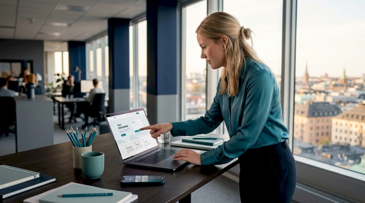 Webbdesigner som går igenom call-to-action-knappar på sin laptop