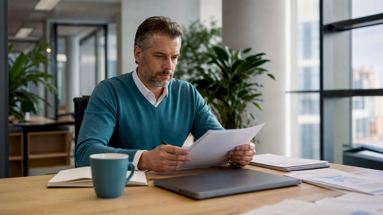 Person som går igenom kunddata och ärenden på kontor
