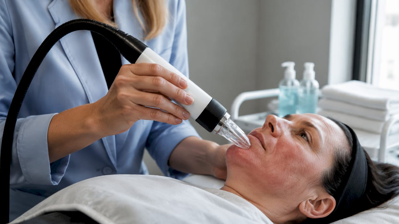 Kozmetička práve ošetruje tvár klientky pomocou laserového prístroja.