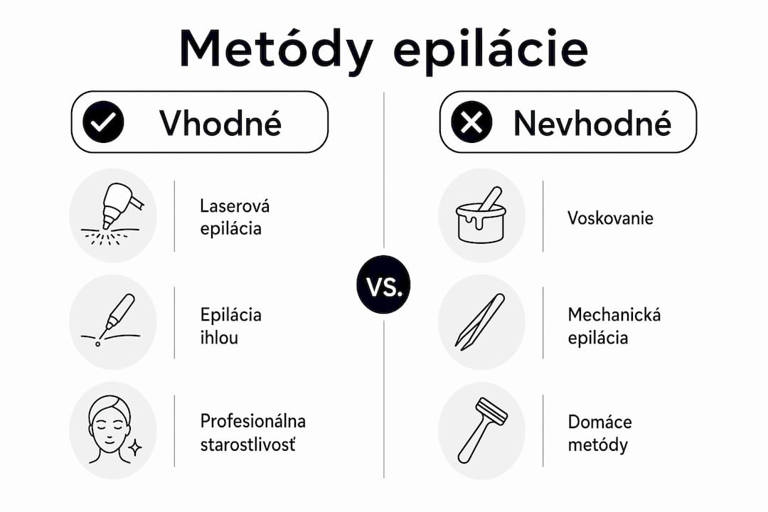 Prehľadná infografika, ktorá ukazuje, aké metódy odstraňovania chĺpkov sú pri rosacei vhodné a ktorým sa je lepšie vyhnúť.