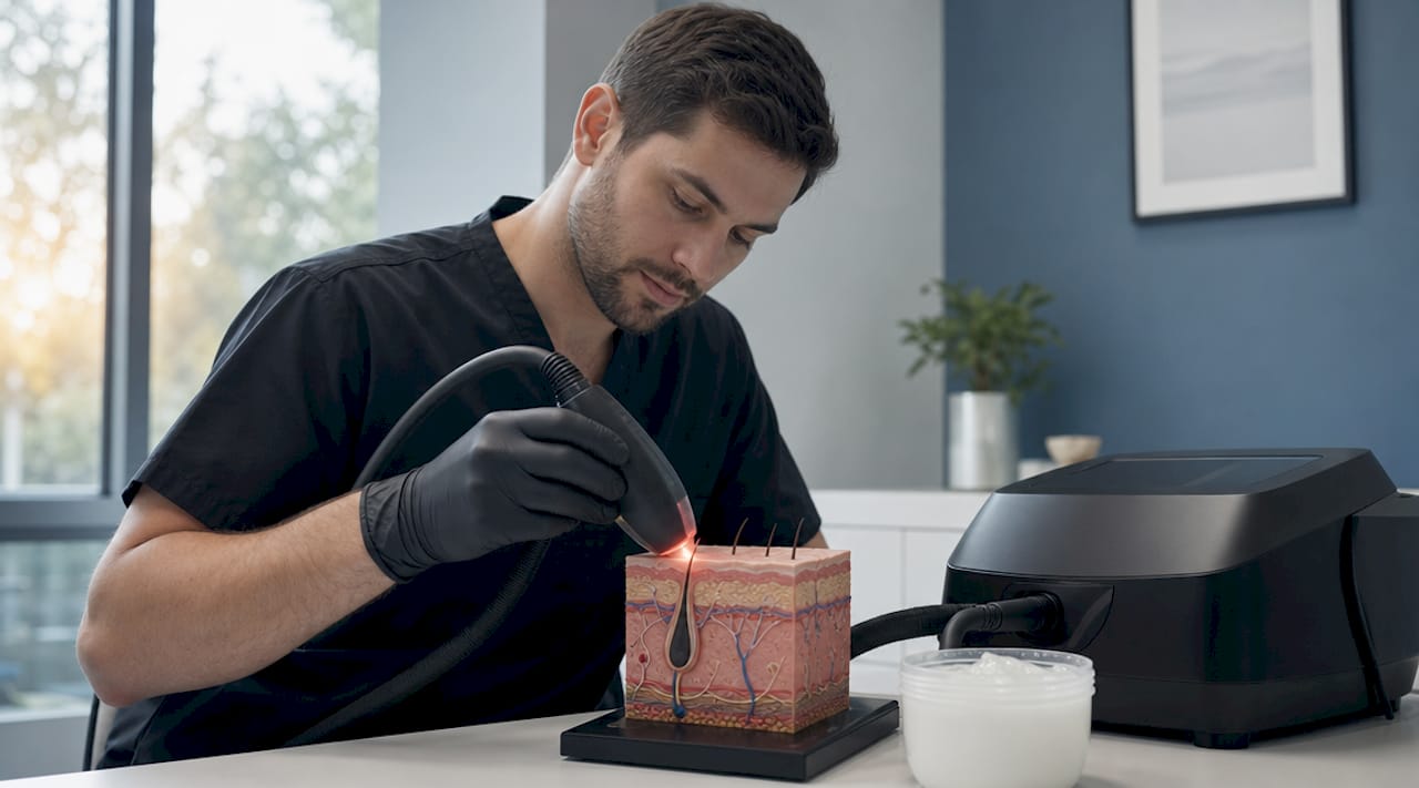 Detailný záber na prístroj s diódovým laserom v tesnej blízkosti modelu ľudskej pokožky.