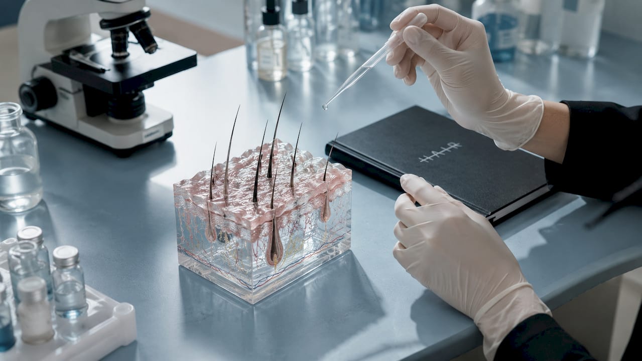 V kozmetickom laboratóriu odborník skúma model vlasového folikulu, aby lepšie pochopil jeho štruktúru a funkciu.