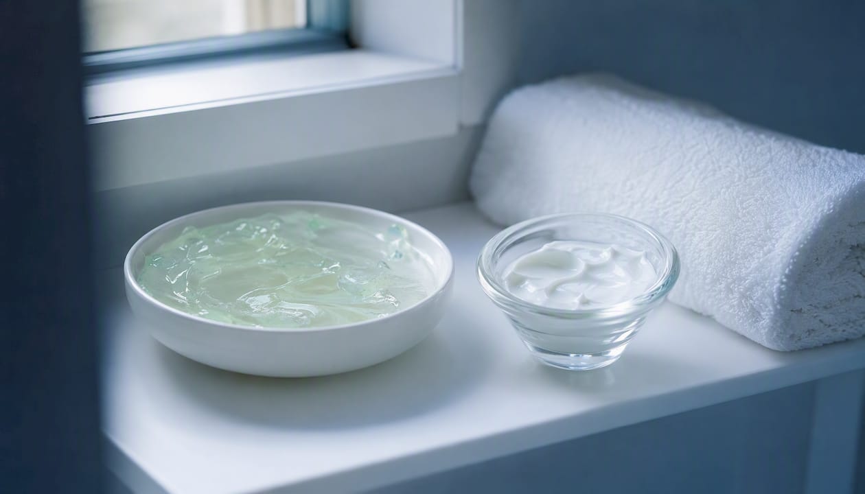 Na poličke položený gél z aloe vera a krém s pantenolom.