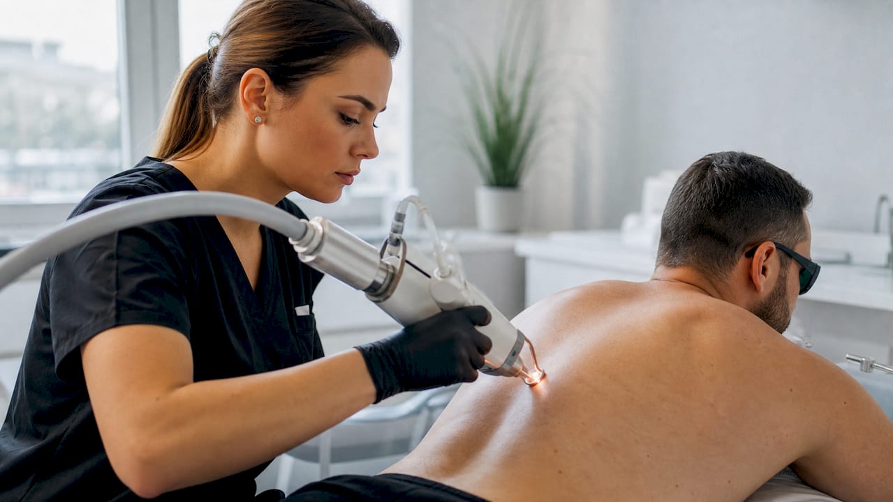 Detail mužských chrbátov počas laserovej epilácie