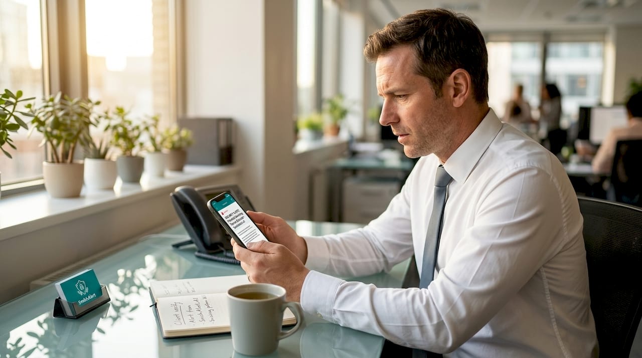 Bank employee reading phone notification at desk