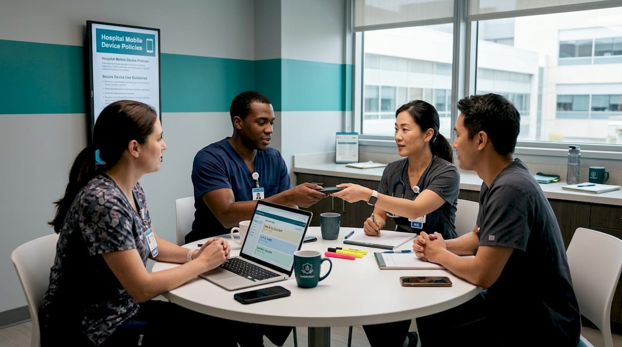 Healthcare workers exchanging mobile devices in break room