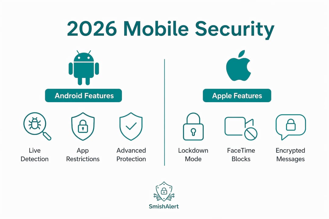Infographic comparing mobile security features for Android and Apple