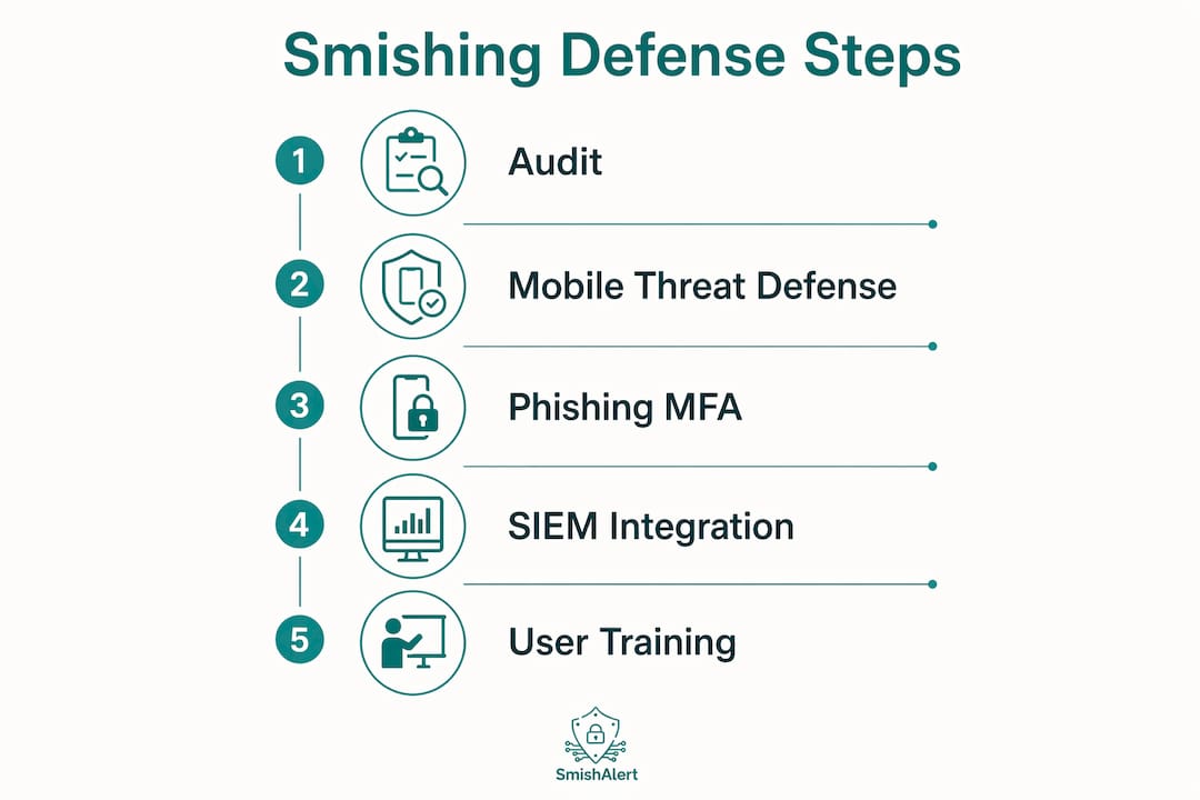 Stepwise infographic showing smishing defense layers