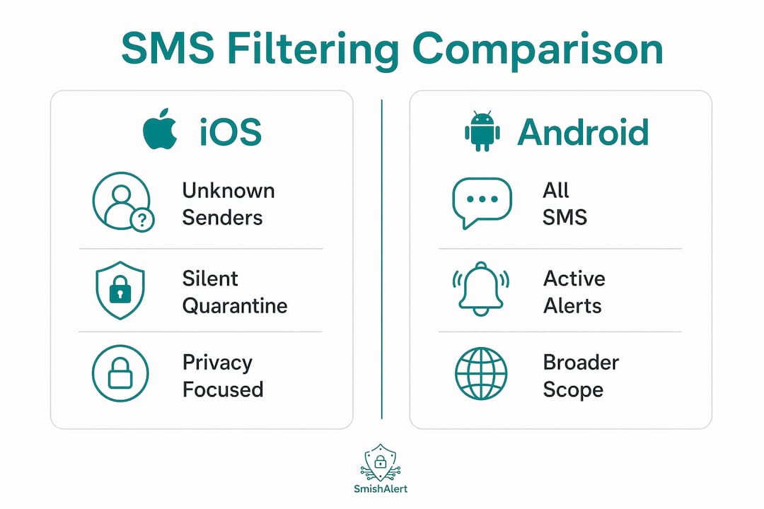 Infographic comparing iOS and Android SMS filtering features