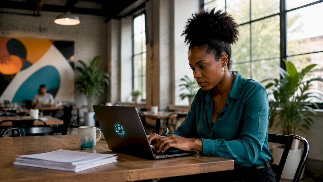 IT specialist typing on laptop at tech workspace