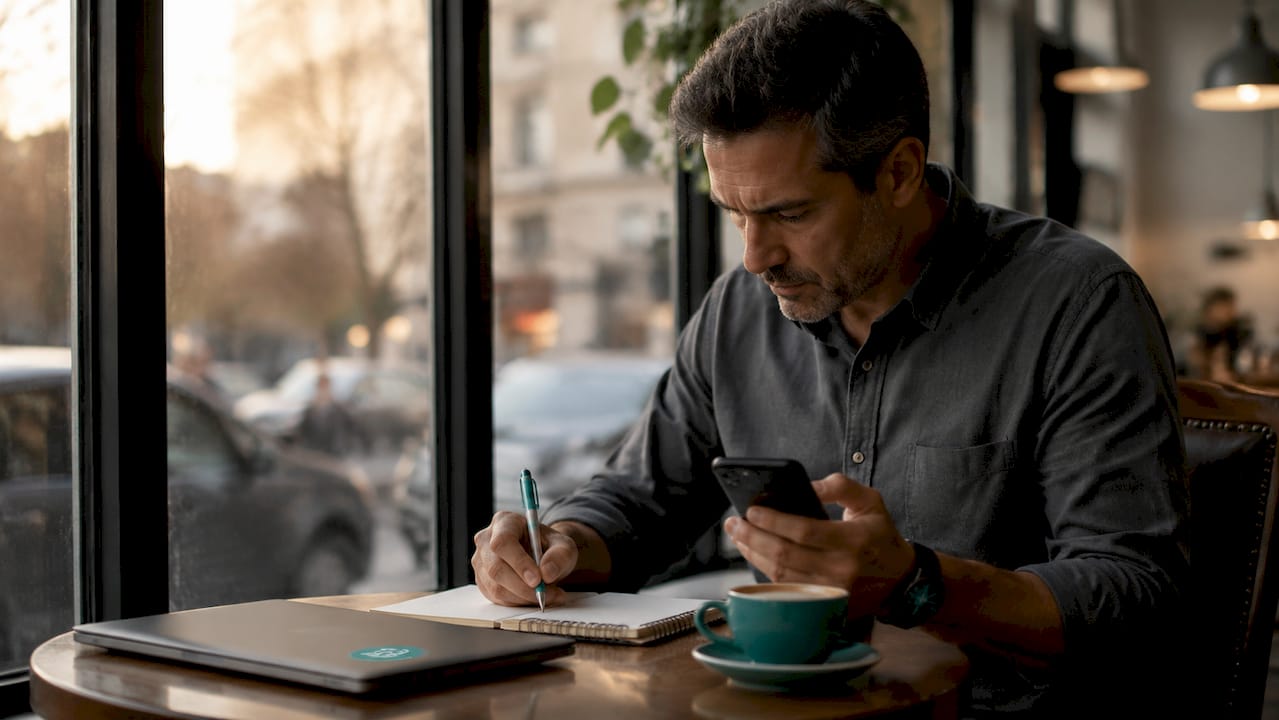 Analyst writing notes next to smartphone and laptop