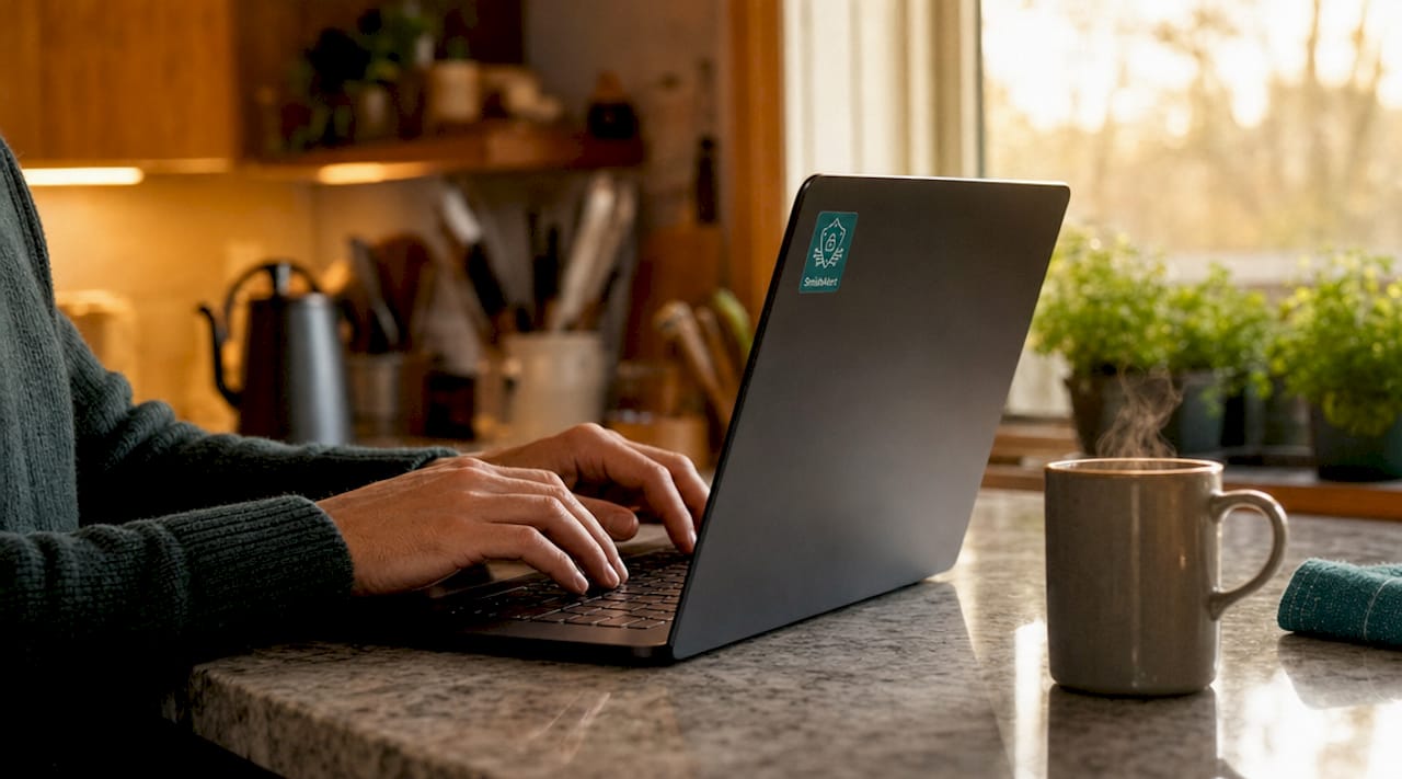 Hands typing on laptop managing device apps