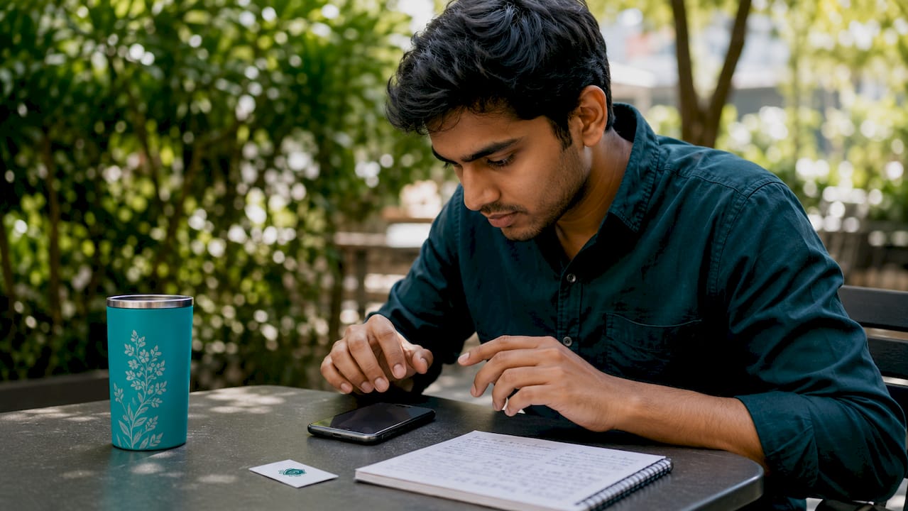 Hands hovering over smartphone in home office setting