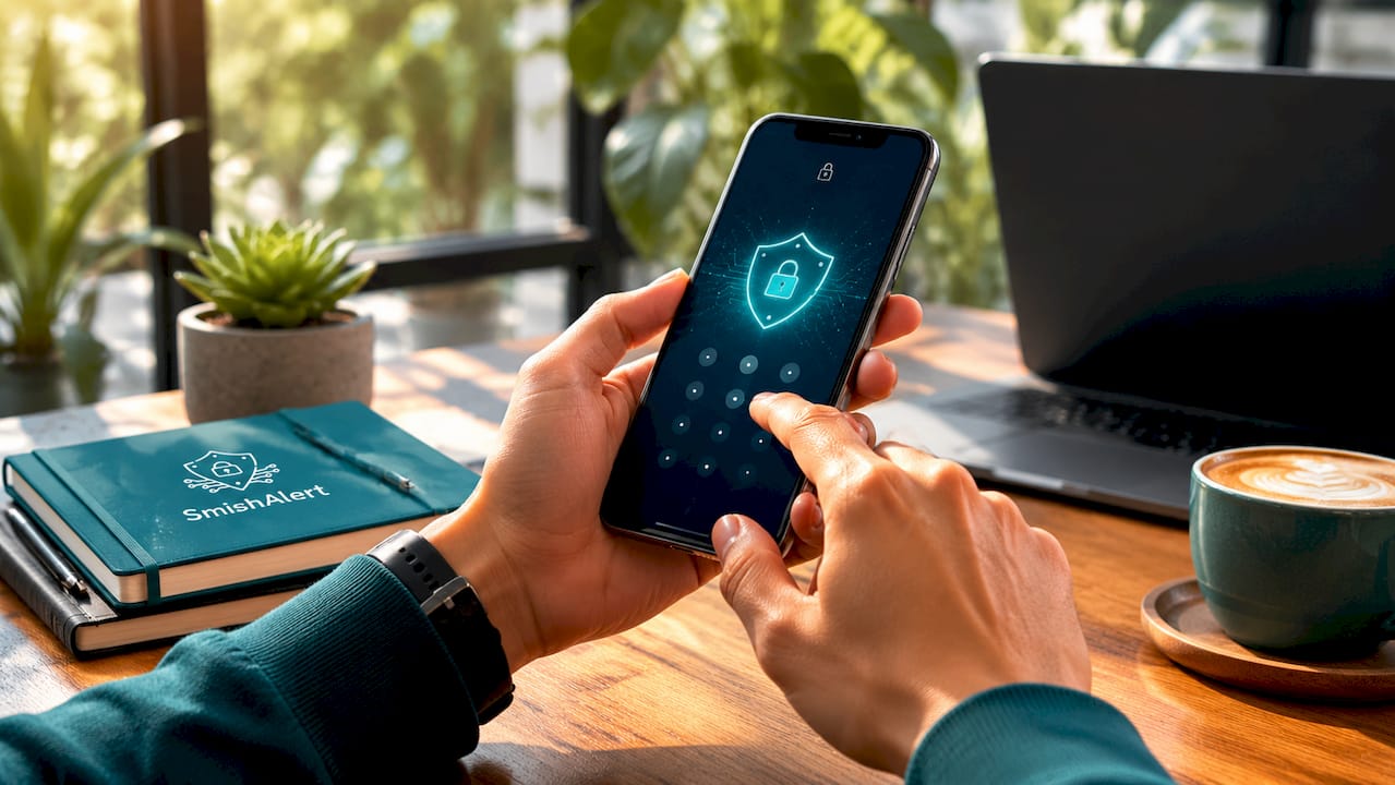 Hands holding smartphone securing messaging app