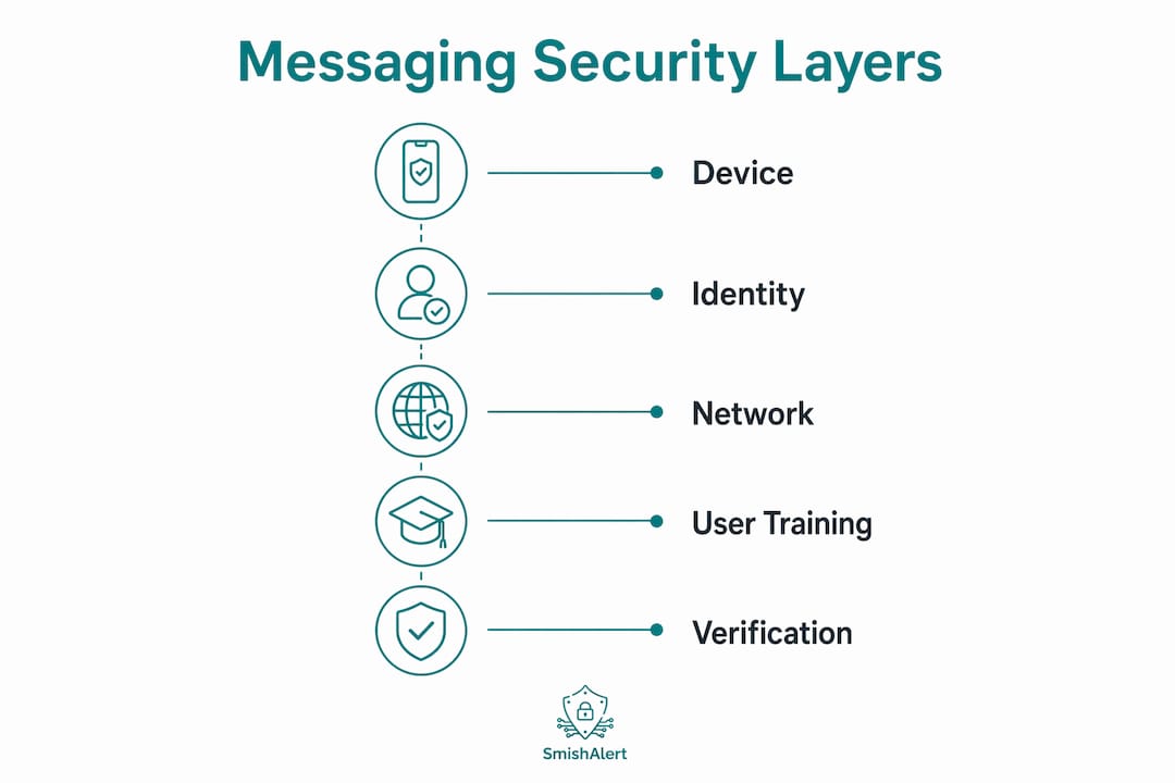Infographic showing layers of mobile messaging security defenses
