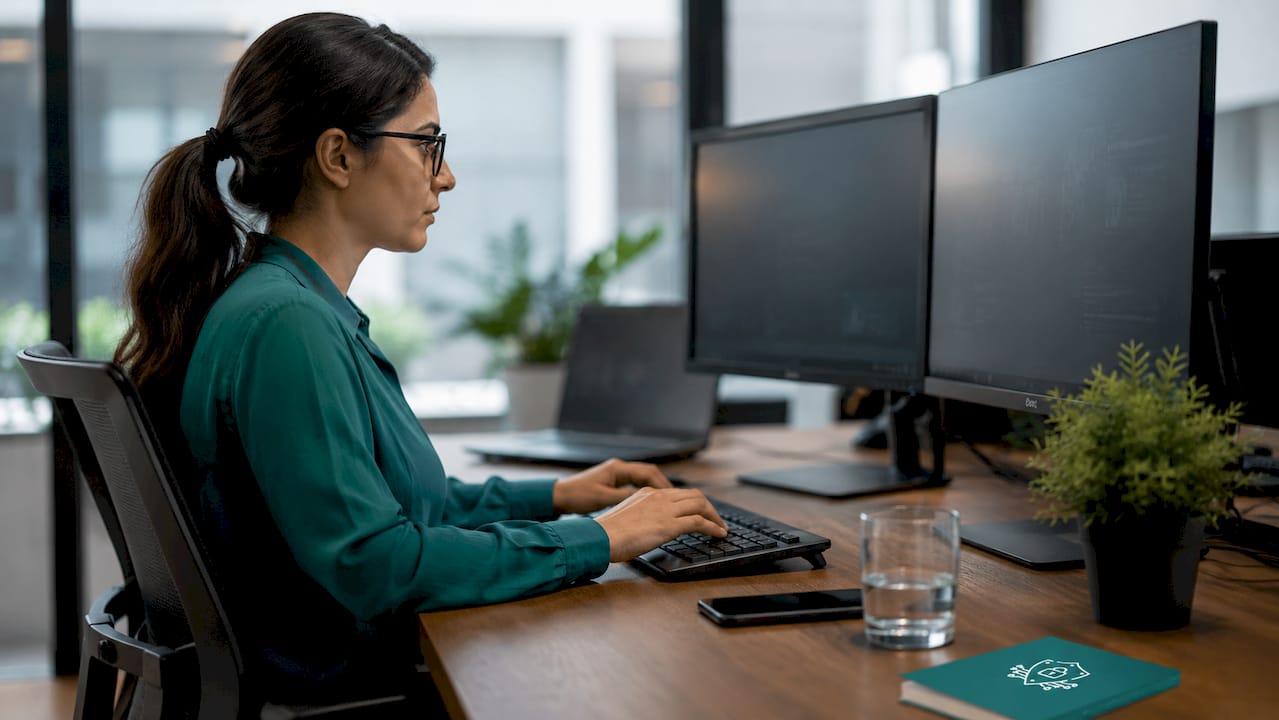 Hands typing in cybersecurity operations center