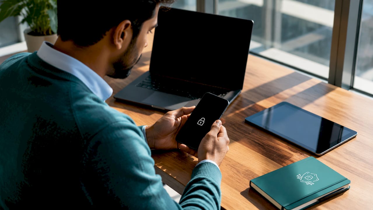 Hands holding locked smartphone in conference room