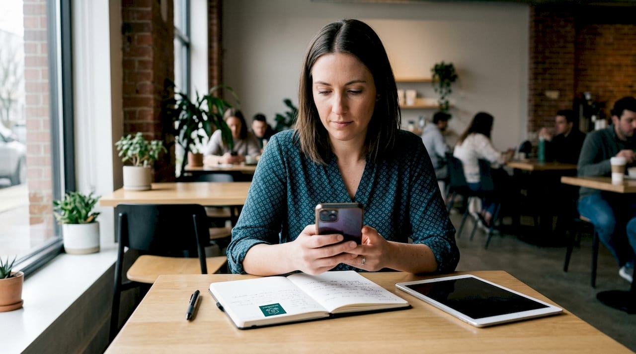 Hands examining mobile app on smartphone