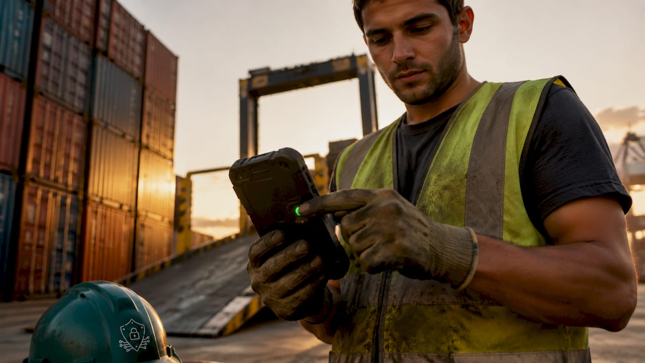 Warehouse worker unlocking mobile device