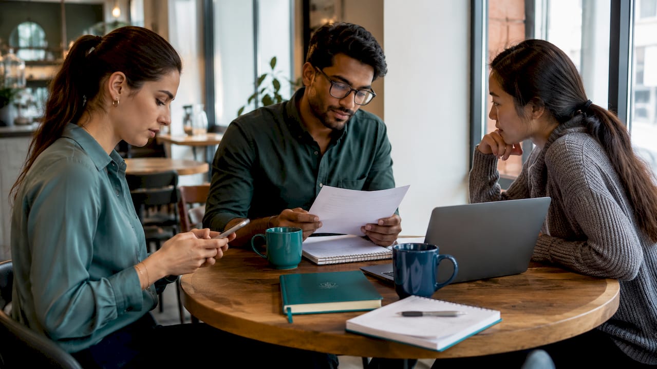 Team comparing SMS and email messages around table in office