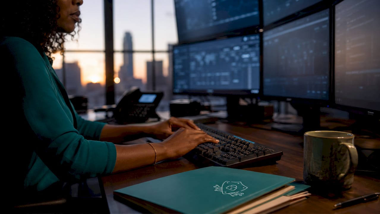Overhead view of hands typing on SOC workstation