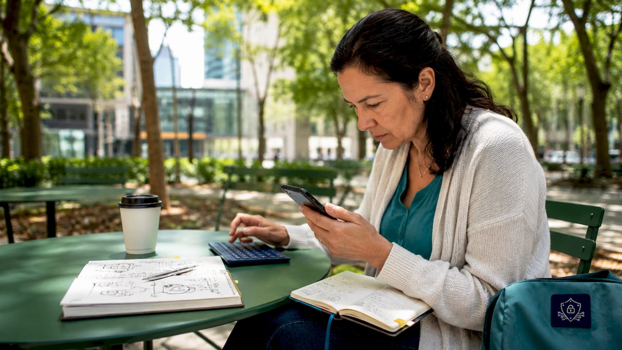 Hands checking phishing alert investigation criteria on smartphone and keyboard