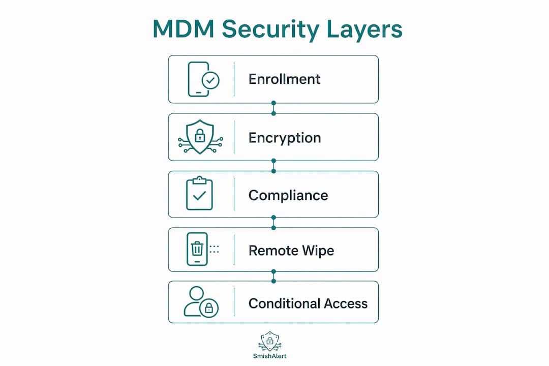 Infographic showing mobile device management security layers