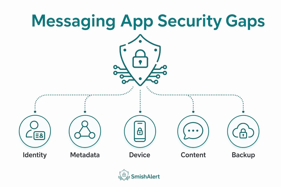 Infographic illustrating five categories of messaging app security gaps