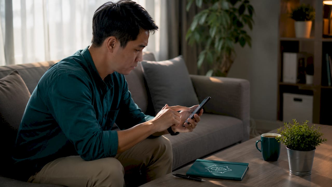 Hands interacting with mobile device and security checklist