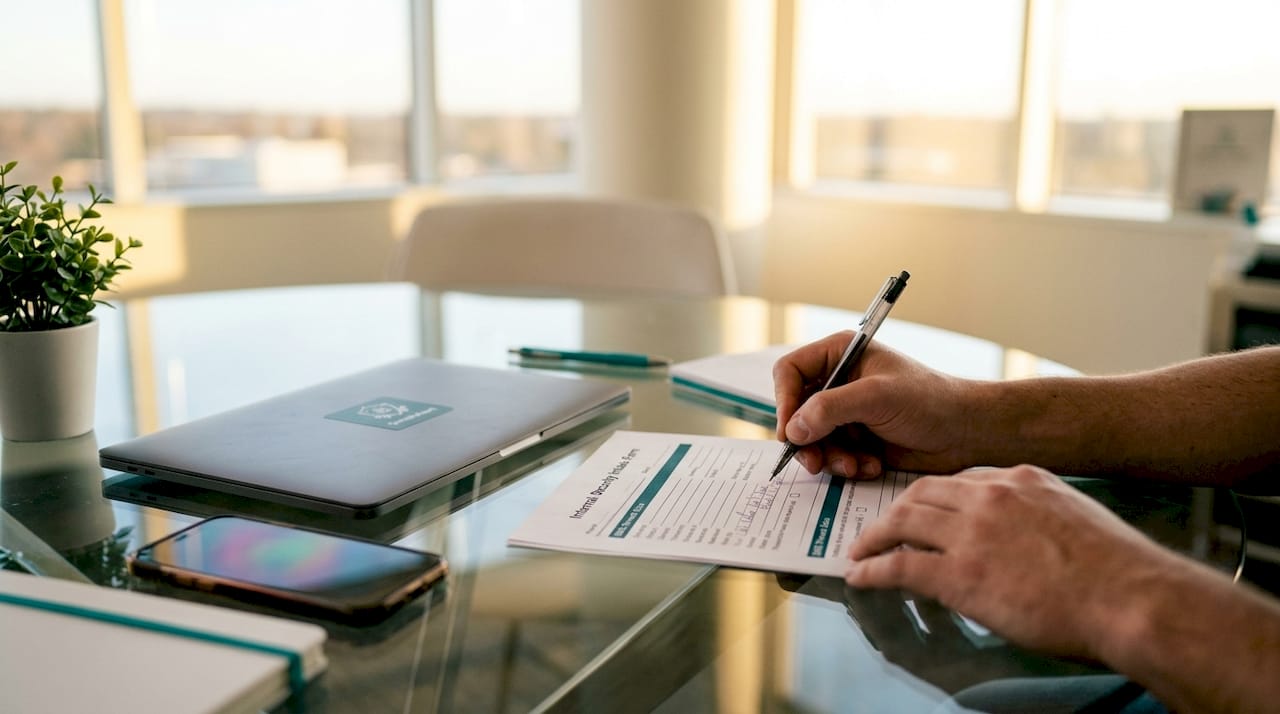 Hands completing security intake form on table