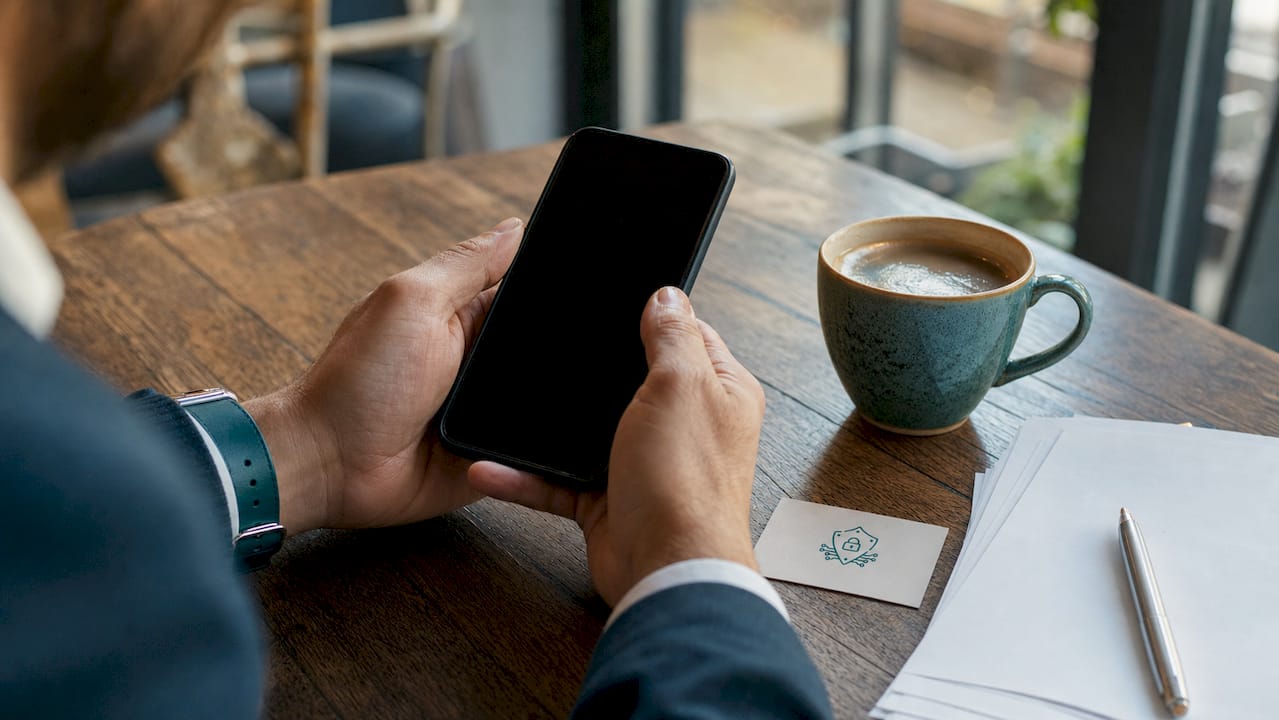 Hands holding phone over contract papers