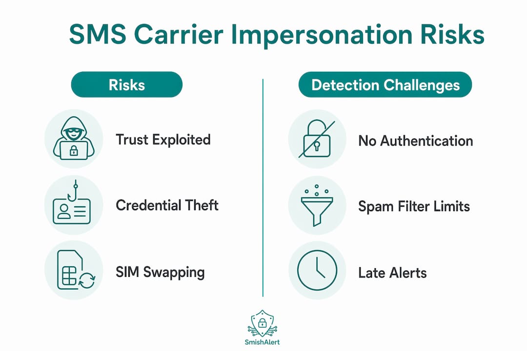 Infographic comparing SMS impersonation risks and detection challenges
