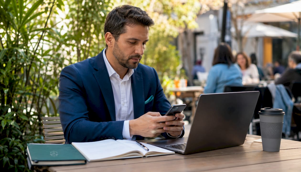 Professional interacting with smartphone apps over shoulder view