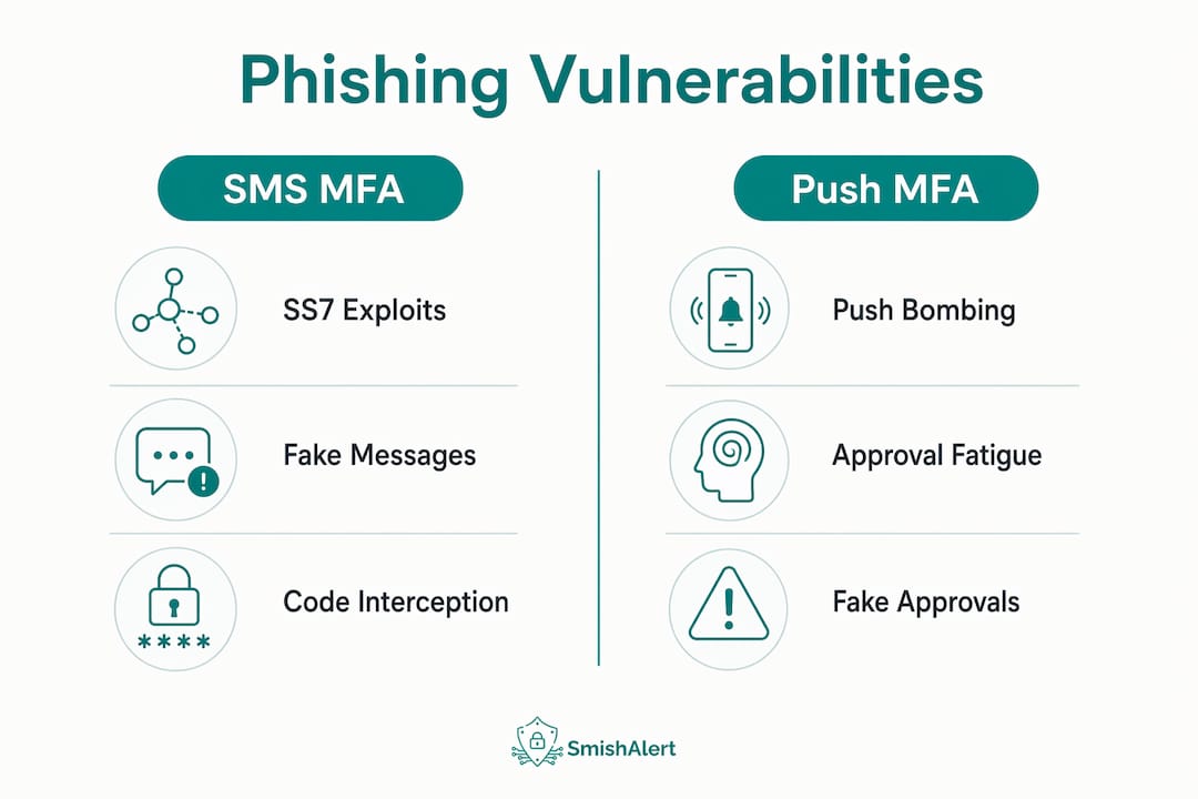 Infographic comparing phishing risks of SMS and push MFA