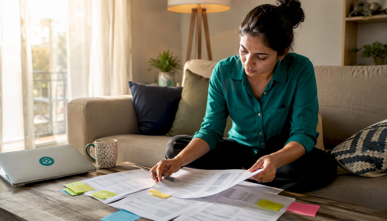 Close-up of hands reviewing policy documents at desk