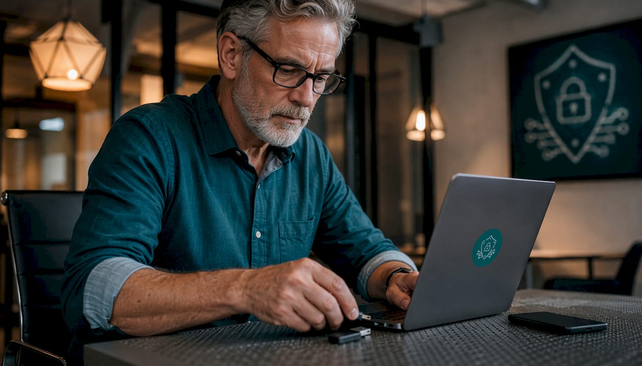 Hands connecting hardware security key