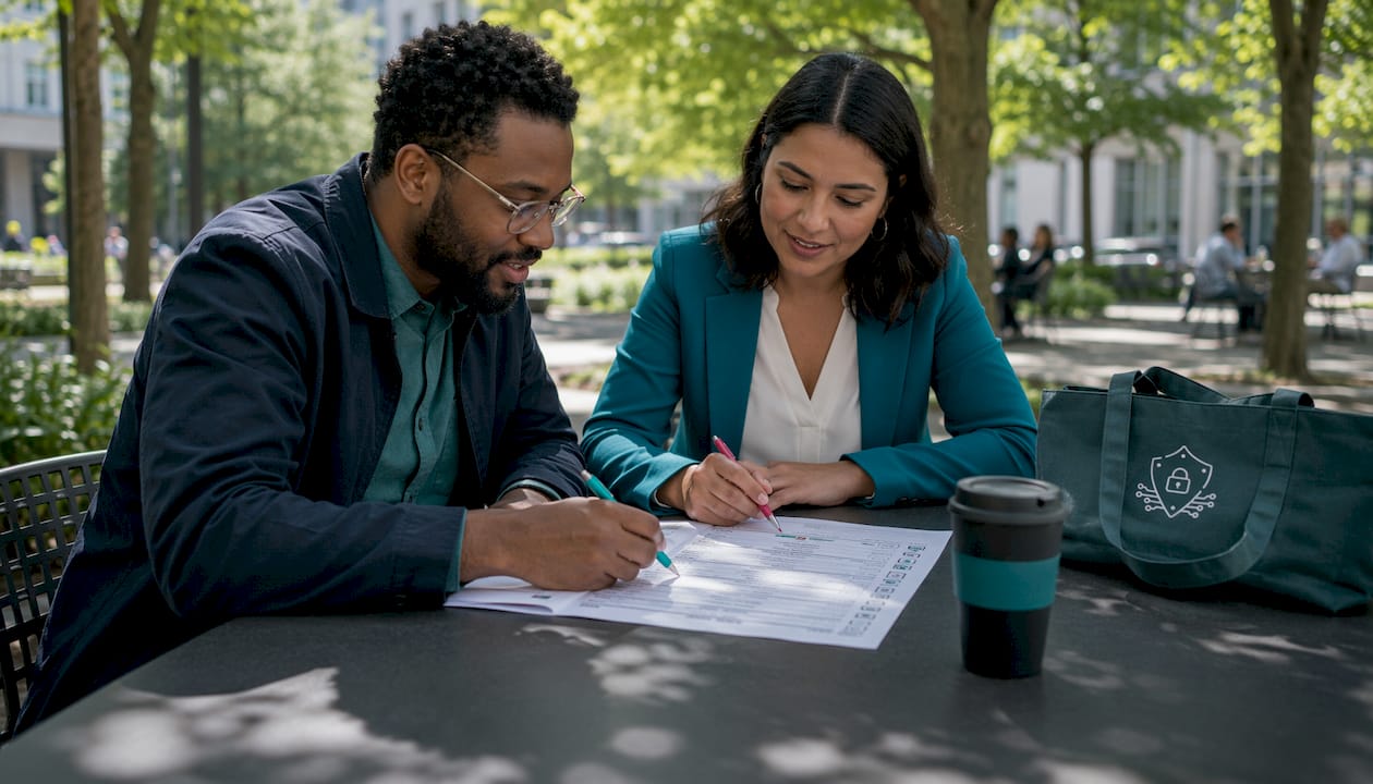 Two professionals reviewing security checklist
