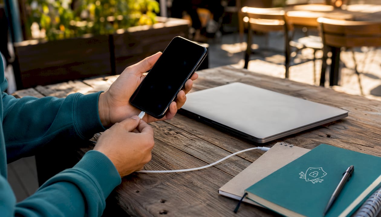 Hands connecting smartphone in coworking space