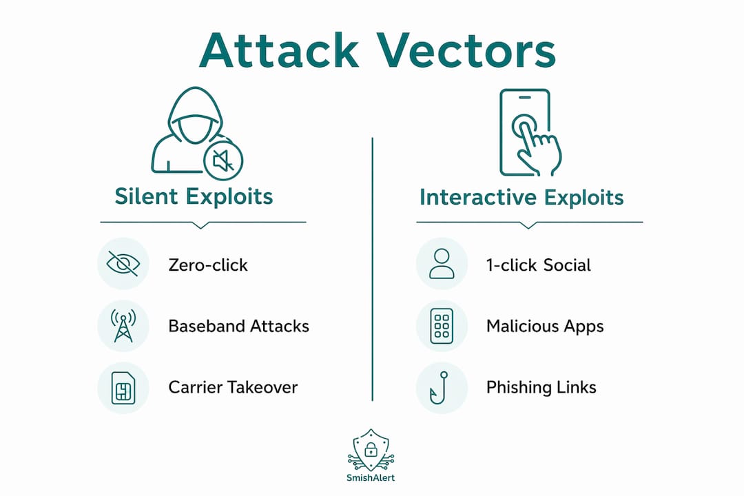 Infographic comparing silent and interactive attack methods on personal devices