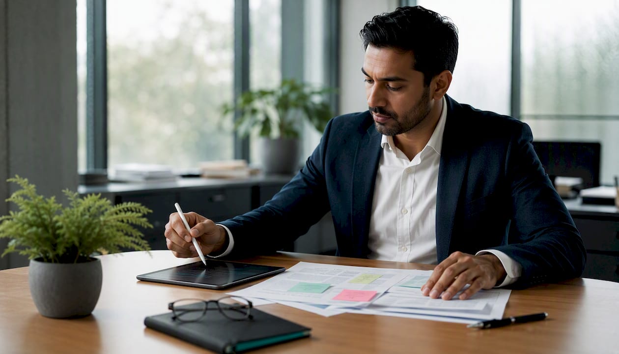 Financial analyst reviewing compliance materials