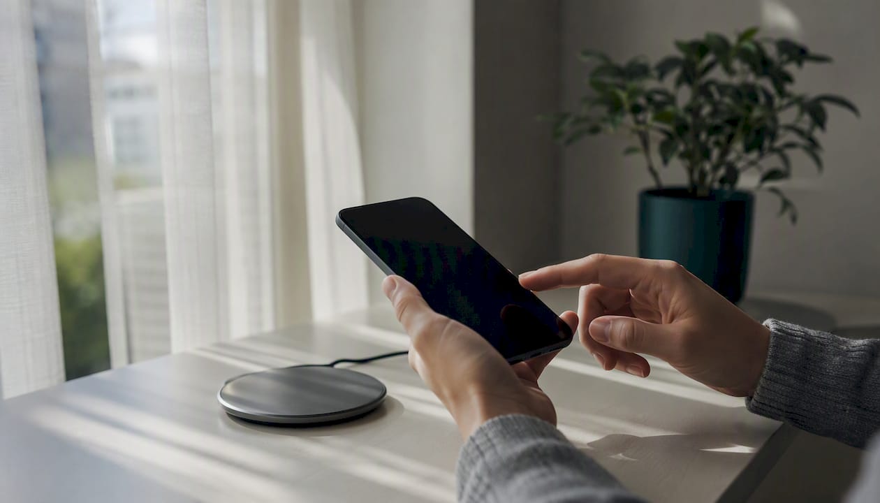 Hand holding mobile phone with dark screen