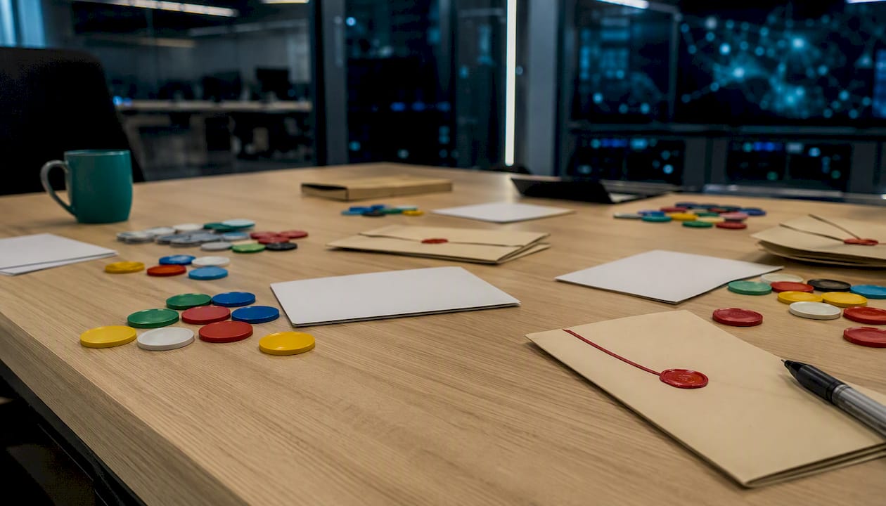 Tabletop exercise setup with cards and tokens