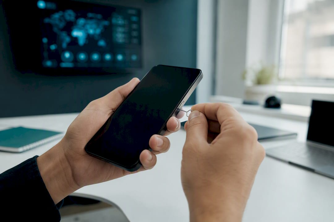 Hands inspecting smartphone with SIM ejector tool