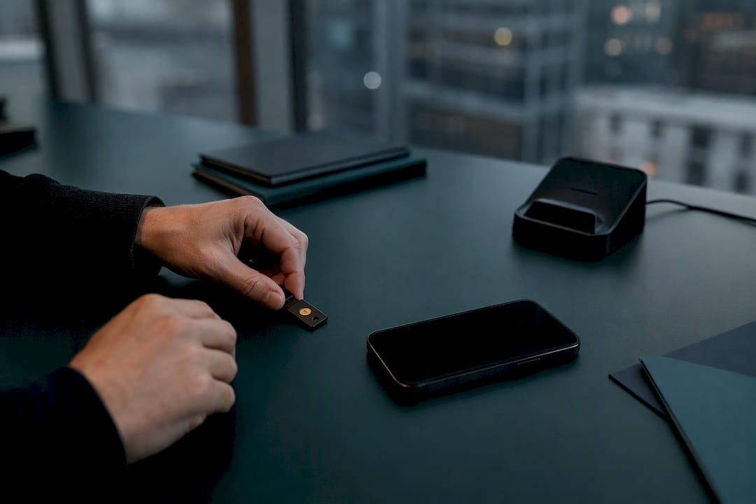 Hands handling mobile security key device