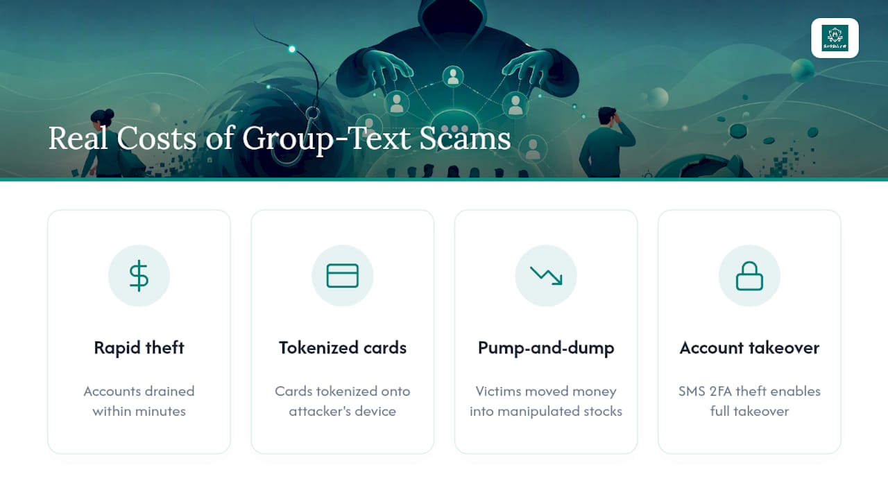 The Real Cost of Falling for a Group Text Scam — overview diagram